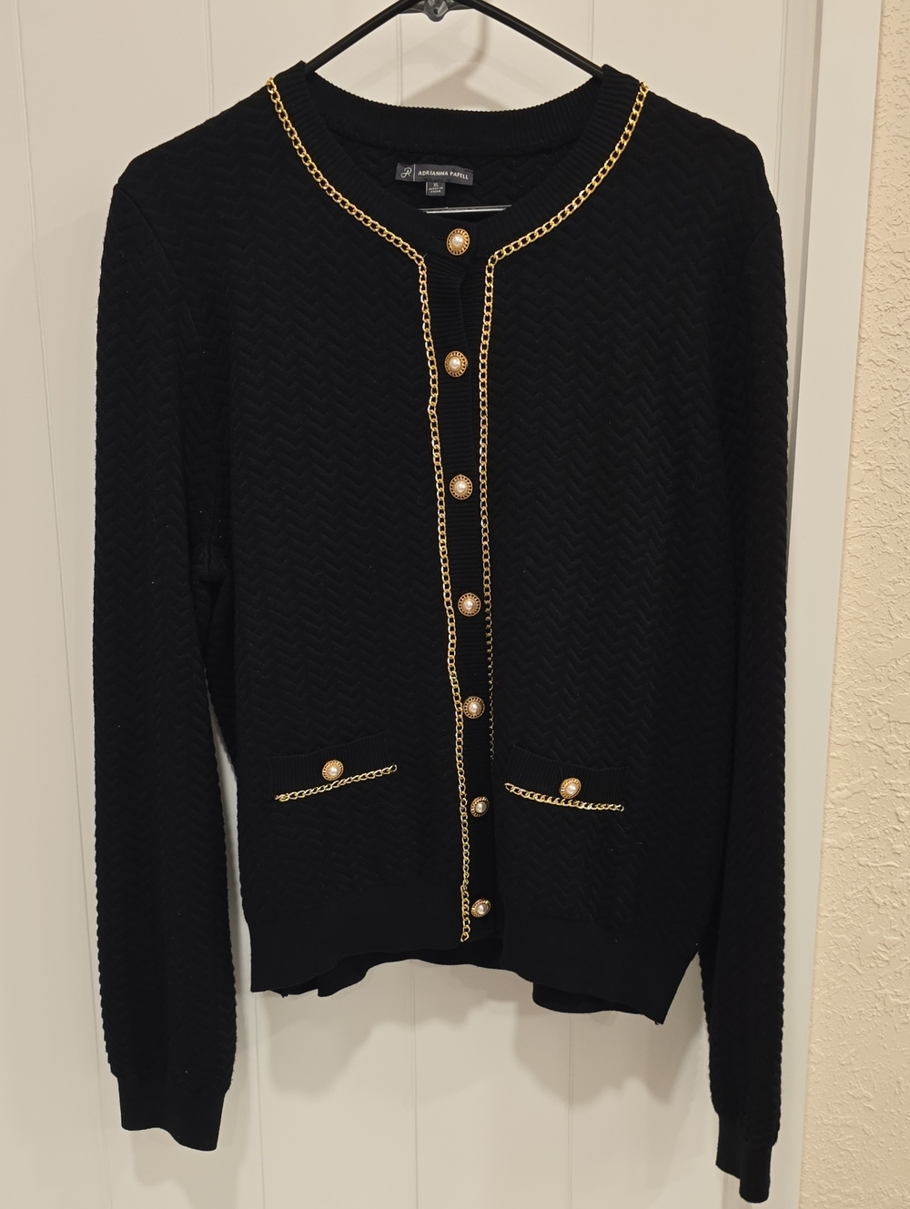 Adrianna Papell Black Cardigan with Gold Chain Trim